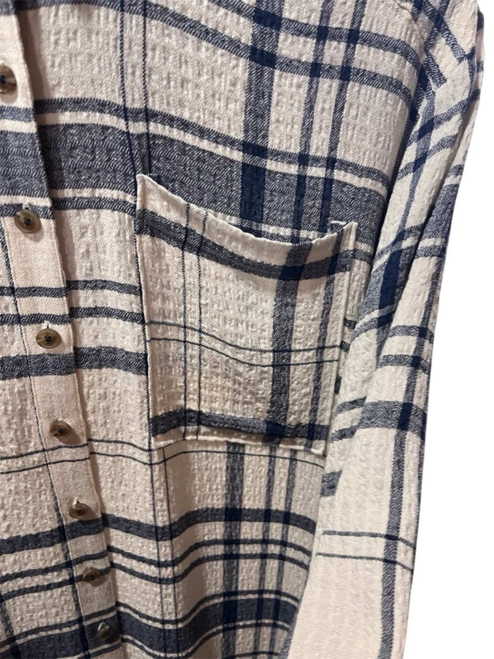 Pilcro Cream and Navy Long-Line Button Front Plaid High-Low Shirt Dress - Picture 8 of 15